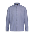 A long sleeve white and blue striped shirt with button-up neckline and visible brand label.