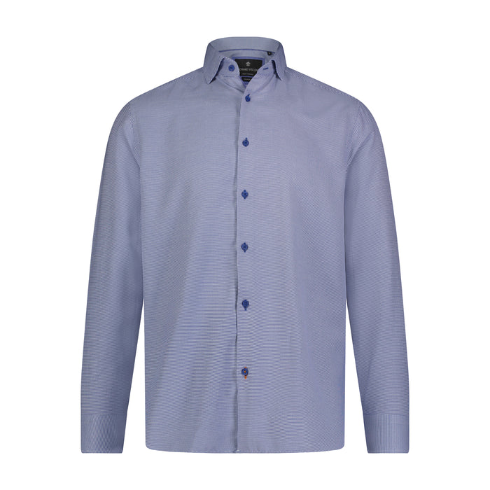 A long sleeve white and blue striped shirt with button-up neckline and visible brand label.