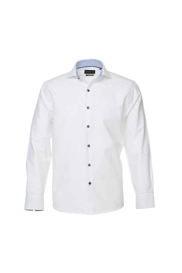 White dress shirt with black buttons on a white background