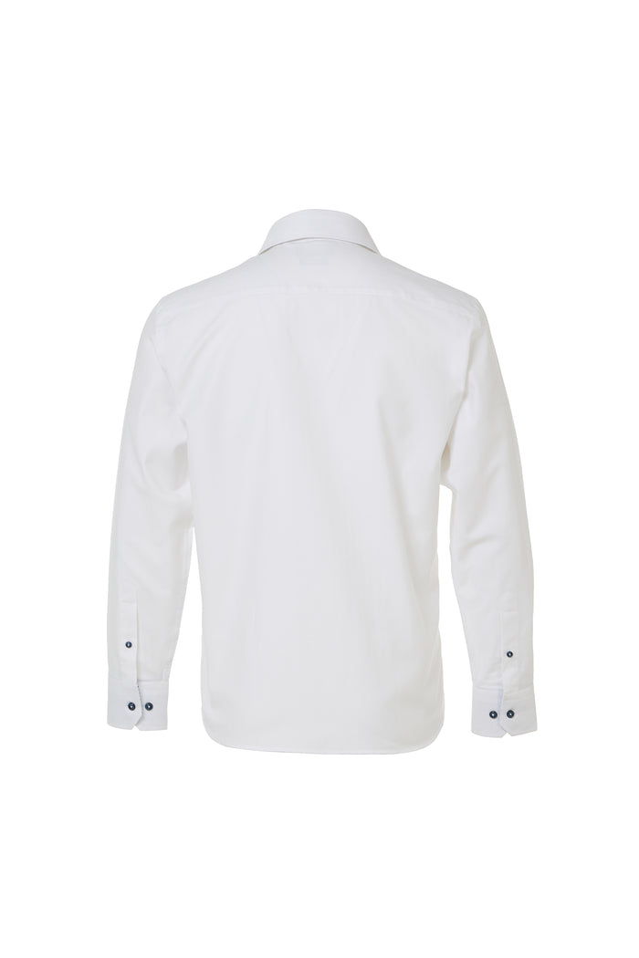 White dress shirt with black trim on a white background