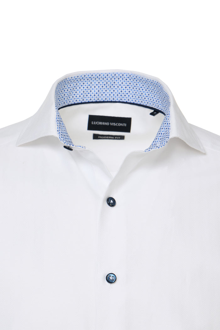 White dress shirt with blue patterned collar on a white background