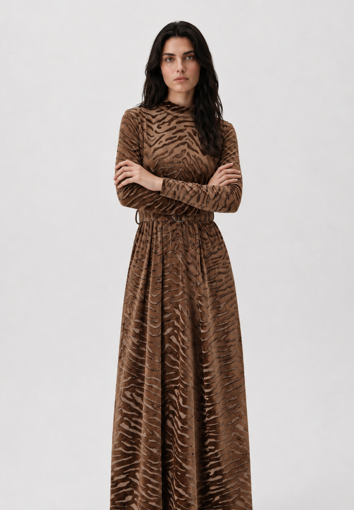 Light brown patterned velvet long sleeve maxi dress with mock turtle neck collar and metal loop self belt.