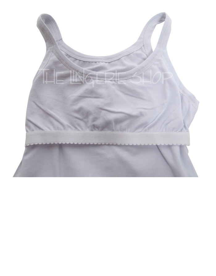 White shelf-bra camisole tank with wide straps and elastic hem