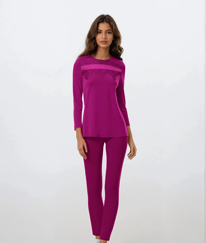 Women’s Magenta Pajama Set With Lace Detail