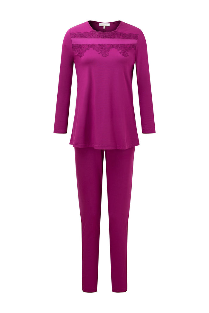 Magenta women’s pajama set with lace-trim scoop neck and long sleeves, matching pants