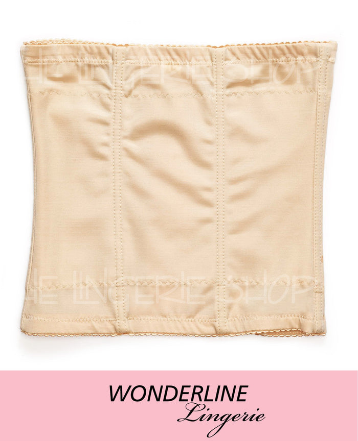 Beige waist cincher with front hook closure and boning, fabric shaping panels