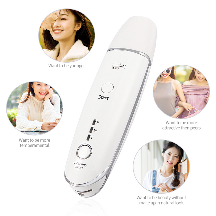Appareil de soin anti-âge en forme de V pour réduire les rides, visage tonifié, image montrant le dispositif de beauté.