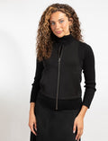 Black zip-front knit vest with stand collar and front pockets
